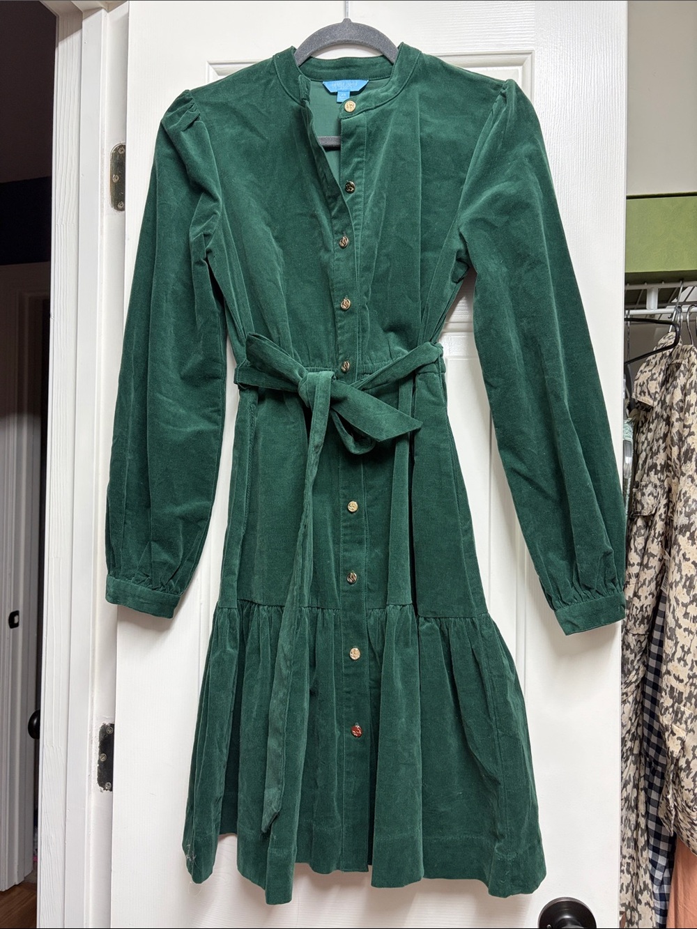 Draper James Button-Front Green Corduroy Tie-Waist Dress